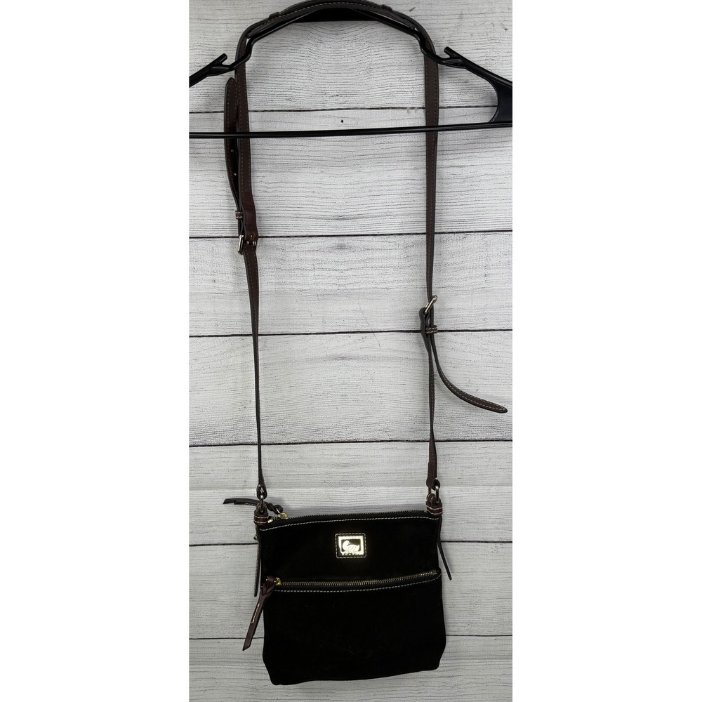 Dooney Bourke Black Suede Leather Crossbody Bag Gold Tone Logo Adjustable Strap